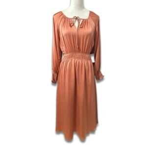 Floret Studio Midi A-line Dress Smocked Cuffs Tie Neckline Burnt Apricot W S NWT